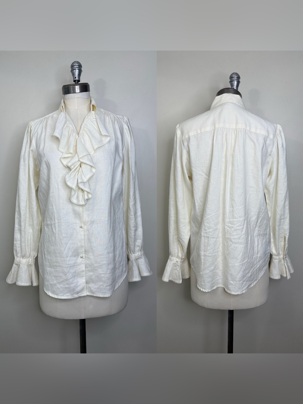 100% LINEN LAUREN RALPH LAUREN RUFFLE FRONT BLOUSE IN OFF WHITE SIZE MEDIUM